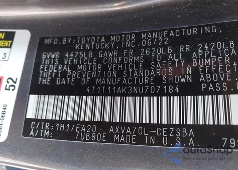 2022 Toyota Camry Se from USA, damaged, VIN 4T1T11AK3NU707184